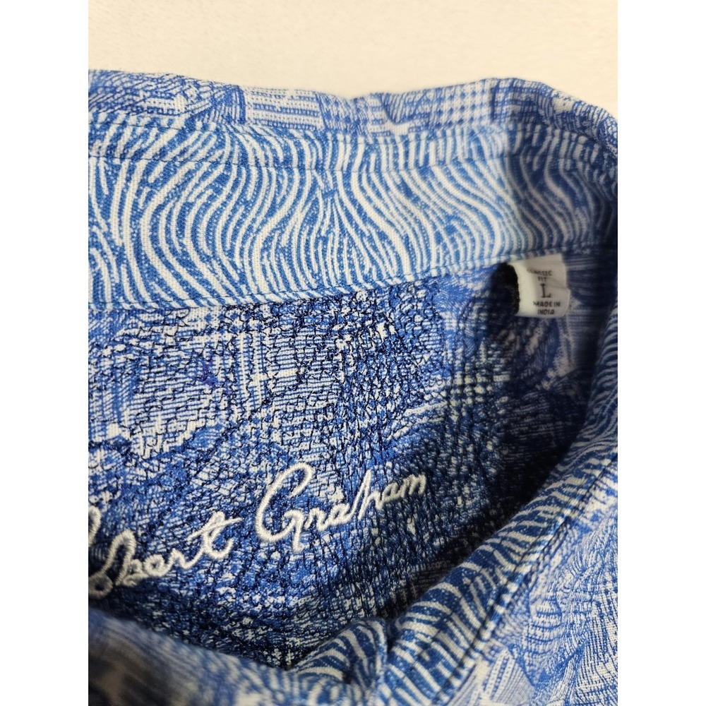 ROBERT GRAHAM‎ Men's Abstract Floral Plaid Linen Large Blue Short Sleeve Shirt - Picture 3 of 8